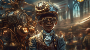 The Rise of Creative Thinking: A Look Into the Future of Skills - a boy, in Steampunk inspired headgear, looks out to the future within his laboratory where he creates